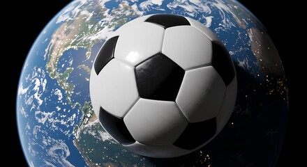 Naklejka premium planet Earth with a soccer ball on top with a dark background