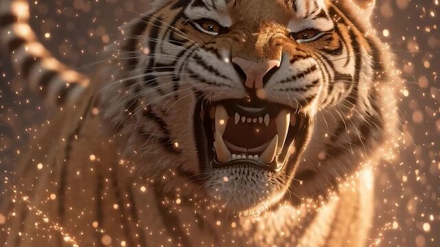 Majestic tiger growling fiercely, with its eyes glowing a fiery orange. Creating a sense of power, danger, and intense energy. 