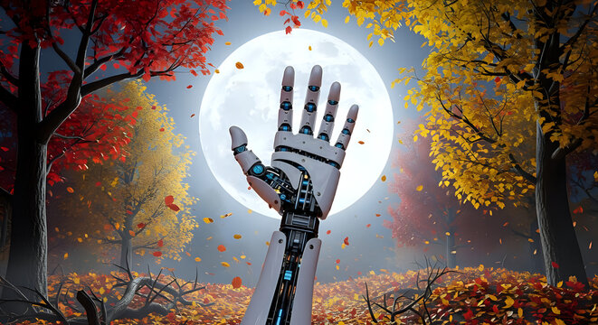 Robot hand autumn forest moon digital art wallpaper background ai generated image for desktop and mobile