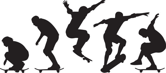 skateboarding silhouette pack of five dynamic poses for extreme sports design and youth culture vector graphic
