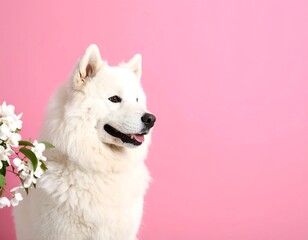 Obraz premium Fluffy white dog by flowers against pink