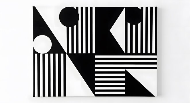Abstract geometric artwork on canvas featuring contrasting black and white shapes including circles, triangles, and parallel lines, creating a modern and visually striking composition.