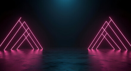 Illuminated Neon Triangle Structures in a Dark Studio Environment with Vibrant Reflections and Futuristic Atmosphere