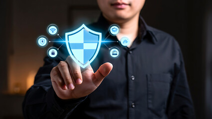 Protecting digital assets with a modern cyber security system and shield hovering over a mans finger with connected icons