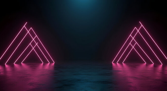 Illuminated Neon Triangle Structures in a Dark Studio Environment with Vibrant Reflections and Futuristic Atmosphere - Powered by Adobe