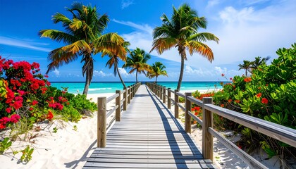 Tropical boardwalk leading to a serene beach