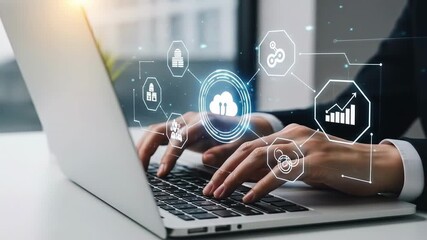 Hands type on a laptop surrounded by digital cloud storage icons Light streams in highlighting technology s connection to business development and modern office work - Powered by Adobe