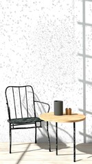 A minimalist setting featuring a stylish chair and wooden table in a bright, sunlit space, creating a perfect atmosphere for relaxation and inspiration.
