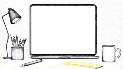 A minimalist workspace featuring a laptop, pen holder, desk lamp, and coffee mug. Perfect for showcasing productivity, creativity, and modern work environments.