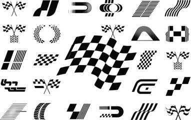 Monochrome collection of motorsport and auto racing design elements. Includes checkered flags, victory symbols, and abstract speed icons.