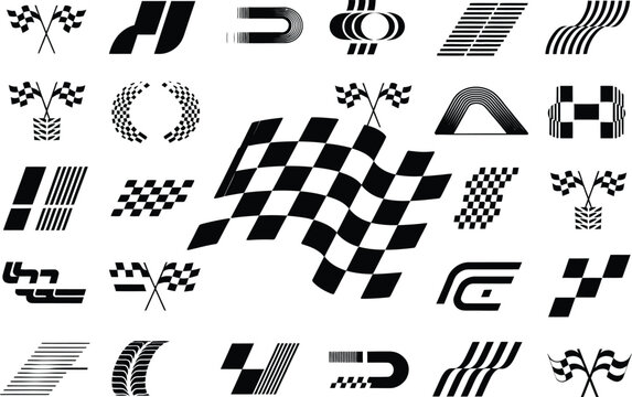 Monochrome collection of motorsport and auto racing design elements. Includes checkered flags, victory symbols, and abstract speed icons.