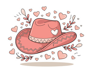 Cute cartoon illustration of a pink cowboy hat with a heart design. Whimsical graphic surrounded by floating hearts, ideal for romantic, Western, or playful love themes.