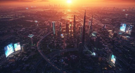 Futuristic cityscape at sunset