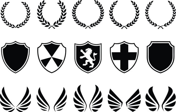 A collection of black and white heraldic design elements arranged in rows. Includes laurel wreaths, crest shields, and stylized wings for logos and emblems.