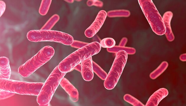 A detailed microscopic view of pink, rod-shaped bacilli bacteria floating in a biological environment.