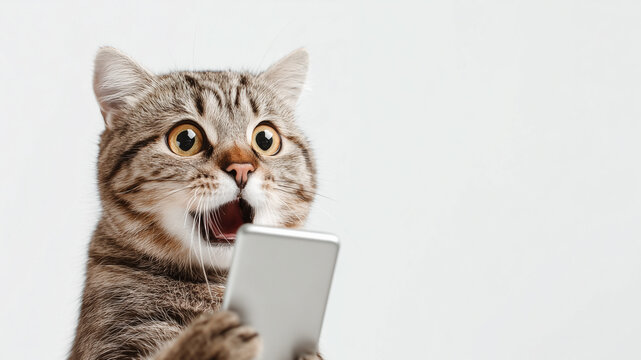 Surprised meme cat looking at smartphone with copy space on white background cat-meme_374