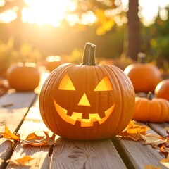 Fototapeta premium Halloween pumpkin on wooden planks