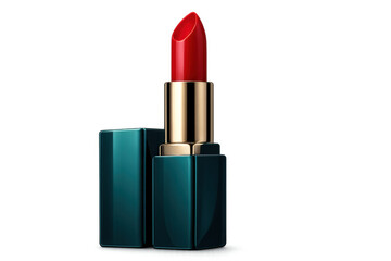 Red lipstick emerging from luxurious dark green and gold packaging, standing against transparent backdrop for seamless design integration