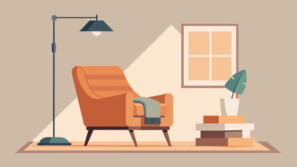 Fototapeta premium A minimalist study area with a comfortable leather armchair a soft woven blanket and a modern floor lamp creating a sophisticated and calm atmosphere..