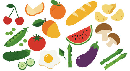 flat vector icons of food allergens and dietary restrictions, colorful outlined style with soft shading, clean white background, icons of ingredients, packaged food, and prohibition signs, simple shap