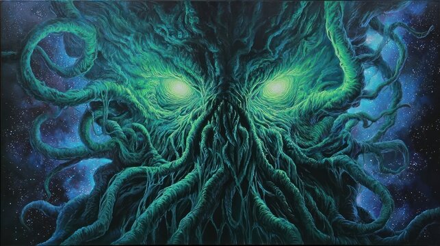 A cosmic horror, face of dark, otherworldly entity with glowing green eyes, set against a nebula background