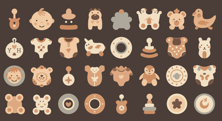 Minimalist baby-themed monoline icon set, smooth rounded outlines, clean scalable vector style, playful yet elegant design, uniform stroke width, soft organic curves with balanced proportions, simple 