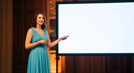 Smiling woman in a gown presents next to a blank white screen. Ornate gold trim details the backdrop, and the scene is lit with warm tones and professional lighting.