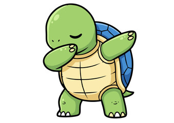 Obraz premium Cartoon Turtle Dabbing with Closed Eyes Green and Blue Shell.