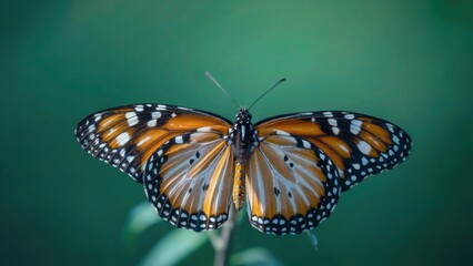 Fototapeta premium A monarch butterfly displaying its vibrant orange and black wings against a blurred green background