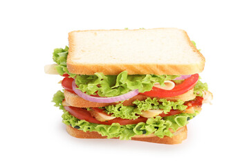 Yummy sandwich with chicken meat and vegetables isolated on white