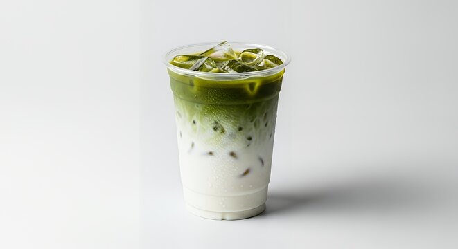 Iced Matcha Latte with Milk and Ice Cubes on White Background