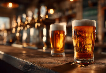 Two Glasses of Beer on a bar table. Beer Tap on background