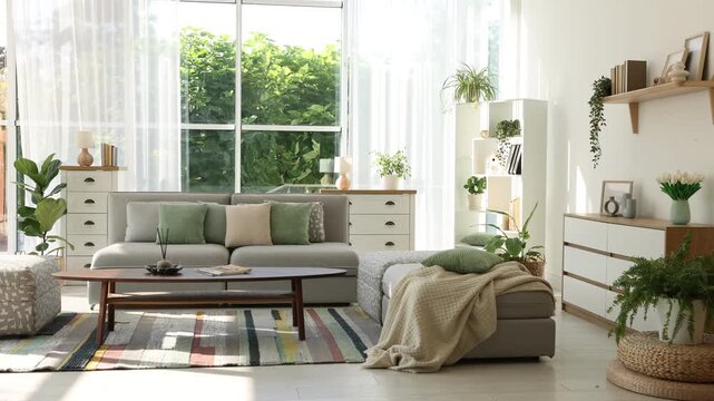 Stylish sofa and other furniture in living room. Camera zooming in