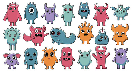 Whimsical collection of colorful cartoon monsters. A diverse set of cute, funny alien creature characters illustrated in a doodle style concept.