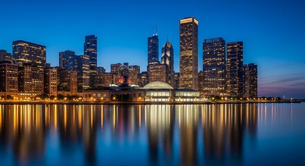 Fototapeta premium Night Skyline of Modern City with Tall Skyscrapers and Reflection on Water