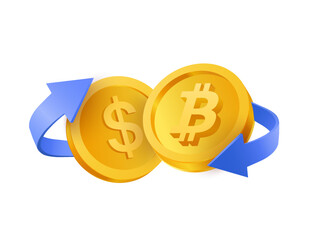3d golden coins with dollar and bitcoin sign, transfer arrows, isolated on white background. Currency exchange icon concept in 3d vector illustration. Vector illustration
