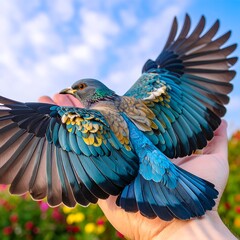 Obraz premium Hand holding a colorful dove in flight