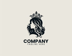An elegant stylized black and white illustration of a beautiful woman with a crown. Royalty and Beauty concept