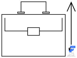 Minimalist briefcase with coder typing on a small laptop and an arrow indicating success. Ideal for business, technology, career growth, development, innovation, productivity, simple landing page
