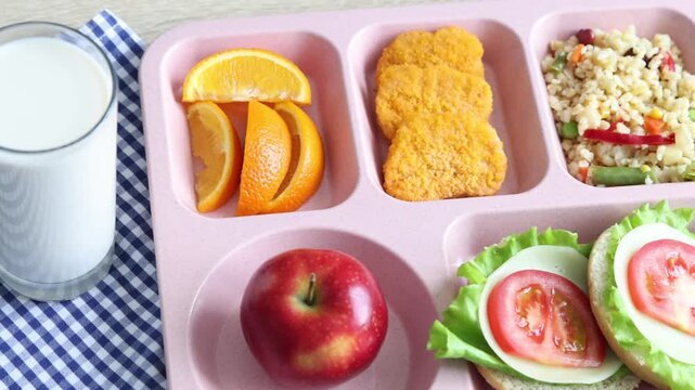 School lunch. Plastic tray with tasty food, milk and fork on wooden table, closeup. Camera moving right