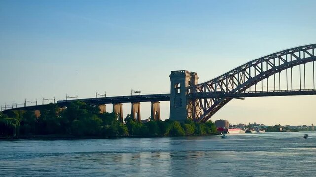 Commuter Train on Hell Gate Bridge Over East River (New York, New York, USA)
