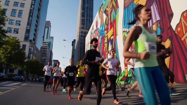 Diverse Group of Runners in Urban Marathon with Colorful Mural Backdrop