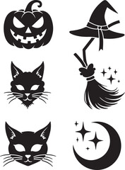 Spooky Halloween icons: pumpkin, black cats, witch hat, broom, moon, stars