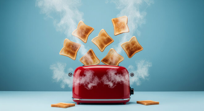 Burnt toast and smoke rising from a red toaster on a light blue background