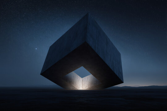 Abstract Concrete Cube Under Starry Night Sky: A geometric art installation sits in a dark landscape, lit by a glowing interior.
