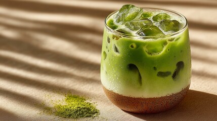 iced matcha latte in transparent glass with layered milk and soft lighting