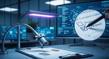 Close up of a hand ticking a checkbox on a digital screen with a stylus in a modern office with multiple computer monitors displaying data