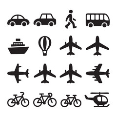 Transportation icon set features vector illustrations of various vehicles including a car, truck, bus, and airplane