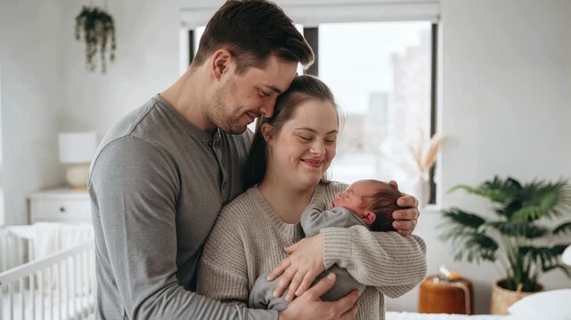 Loving couple with down syndrome mother embracing their newborn baby at home
