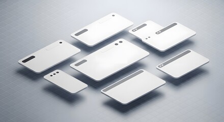 Isometric arrangement of blank, silver electronic tablets on a speckled gray and white background, showcasing a clean, modern aesthetic, ideal for tech-themed concepts.
